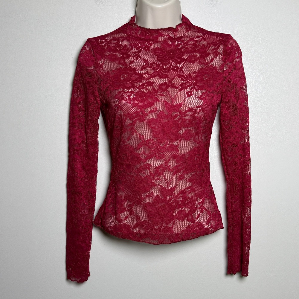 SHEIN Womens Top XS Red Sheer Floral Lace Mock Neck Long Sleeve Coquette Goth